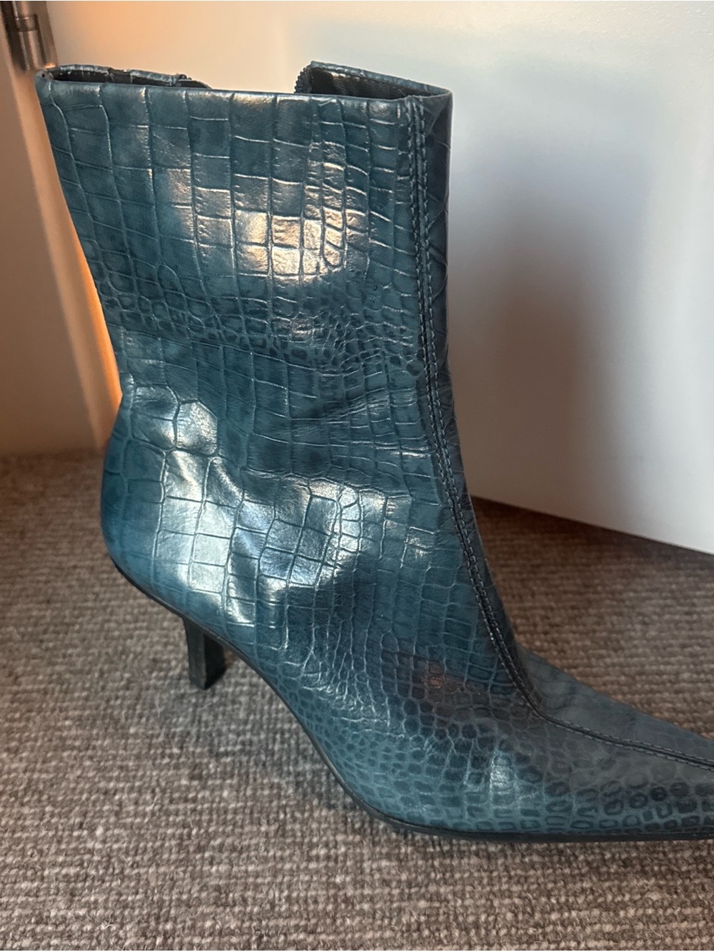 Antonio Milani Teal Croc-Embossed Pointed Toe Ankle Boots